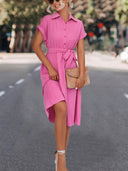 Chic Knee-Length Shirt Dress with Waist Belt and V-Neck Design