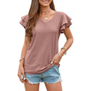 Women's V-Neck T-Shirt with Ruffle Accents and Eyelet Design