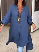 Elegant Women's Linen Blouse with Button Placket and Roll-Up Sleeves
