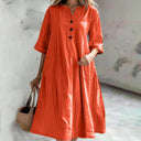Chic Cotton Dress with Button Placket and Handy Pockets