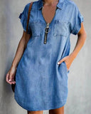 Chic Chambray Dress with Zipper and Handy Pockets