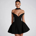 Women's Off-Shoulder Cocktail Dress with Flared Skirt and Stylish Draping