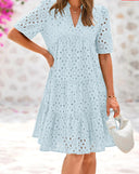 V-Neck Broderie Anglaise Dress with Ruffled Hem