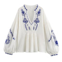 Floral Embroidered Women's Blouse with Statement Sleeves