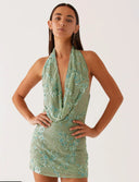 Elegant Sheath Dress with Deep V-Neck and Embroidered Detailing