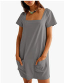Square Neckline Summer Dress with Pockets for Women