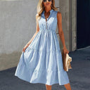 Striped Women's Long Sleeve Sheath Dress with Button Placket