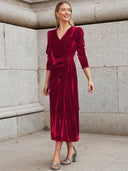Chic Puff Sleeve Wrap Dress with Gold Accents
