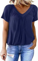 Women’s Airy V-Neck Blouse with Pleats & Short Sleeves