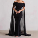 Chic Off-Shoulder Evening Dress with Sheer Cape and Flattering Design