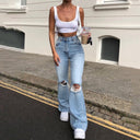 Trendy High-Waisted Flared Jeans with Ripped Accents