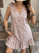 Chic Women's Summer Dress with Ruffle and Button Design