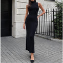Women's High Collar Knit Bodycon Dress with Ribbed Texture