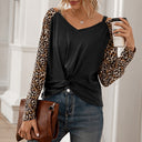 Leopard Sleeve Women's Fashion T-Shirt with Knot