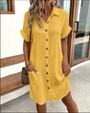 Women's Cotton Shirt Dress with Pockets and Button Placket