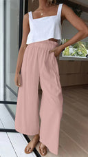 Chic High-Waisted Palazzo Pants with Elastic Waistband and Side Pockets