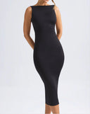 Figure-Flattering Midi Dress with Chic Neckline for Women