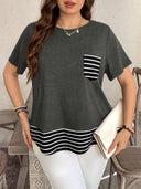Striped Hem Women's T-Shirt with Chest Pocket