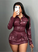 Chic Women's Faux Leather Mini Dress with Flap Pockets