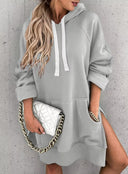 Chic Women's Hooded Dress with Pockets and Side Slits