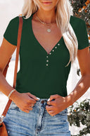 Stylish Short Sleeve V-Neck Tee with Button Detail