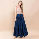Boho Chic Women's Denim Maxi Dress with Ruffled Skirt