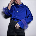 Chic Satin Blouse with Feather Accents