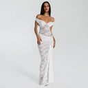 Off-Shoulder Lace Maxi Dress with Ruffle Accents
