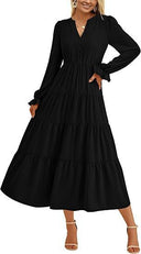 Chic Women's Maxi Dress with Button Details and Flowing Sleeves