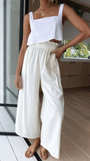 Chic High-Waisted Palazzo Pants with Elastic Waistband and Side Pockets