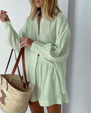 Women's Short Sleeve Blouse Set with Elastic Waist Design