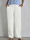Relaxed Fit Women's Leisure Pants with Elastic Waist and Decorative Button Accents