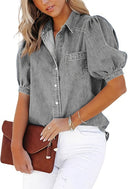 Women's Denim Blouse with Balloon Sleeves & Chest Pocket