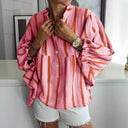 Women's Striped Blouse with Wide Sleeves and Button Closure