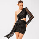 Shiny Asymmetrical Mini Dress with Cut-Out Details for Women