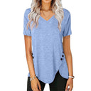 Stylish Women's V-Neck Tee with Asymmetrical Hem & Button Accents