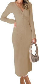 Textured Rib Midi Dress with V-Neck for Women