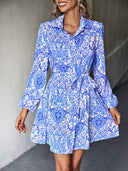 Floral Print Women's Shirt Dress with Adjustable Tie Belt