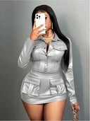 Chic Women's Faux Leather Mini Dress with Flap Pockets