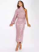 Glamorous Asymmetrical Evening Dress with Sequin Detail