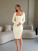 Chic Midi Dress with Deep Slit & Long Sleeves