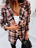 Stylish Women's Checkered Blazer - Chic Double-Breasted Design