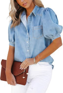 Women's Denim Blouse with Balloon Sleeves & Chest Pocket