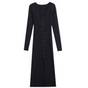 Chic Women’s Long-Sleeve Maxi Dress with Ribbed Design and Button Accent