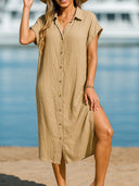 Chic Women's Short Sleeve Shirt Dress with Button Placket & Slits
