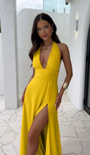Women's Deep V-Neck Maxi Dress with High Slit