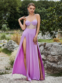 Chic Evening Dress with Sheer Inserts and High Slit