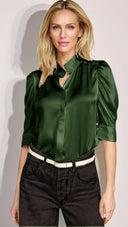 Chic Satin Blouse with Puff Sleeves and Contemporary Collar