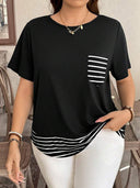 Striped Hem Women's T-Shirt with Chest Pocket