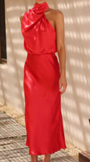Chic Maxi Dress with Stand-Up Collar and Draped Design